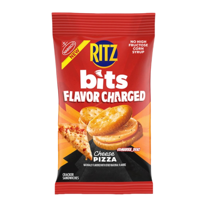 Front of a red bag of Ritz Bits Charged Cheese Pizza Flavour (85g) showing logo, cheese pizza flavour label, and image of cracker sandwiches.