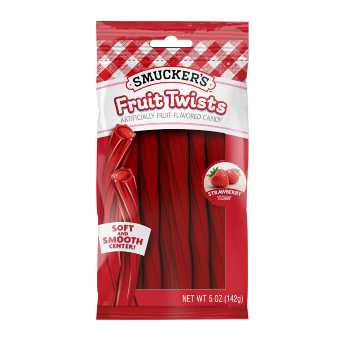 Front of Smucker's Strawberry Fruit Twists bag showing logo, vibrant red candy twists, and strawberry icon (142g pack)