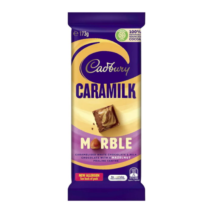 Front of Cadbury Caramilk Marble chocolate bar showing logo, caramelised white and milk chocolate design, and hazelnut praline centre (173g pack)
