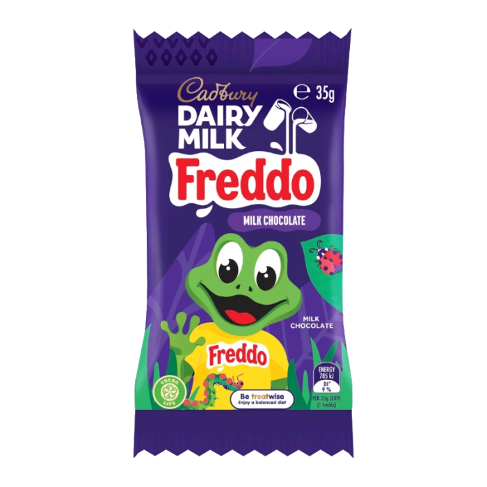 Front of Cadbury Dairy Milk Giant Freddo wrapper featuring a milk chocolate frog design and logo (35g pack)