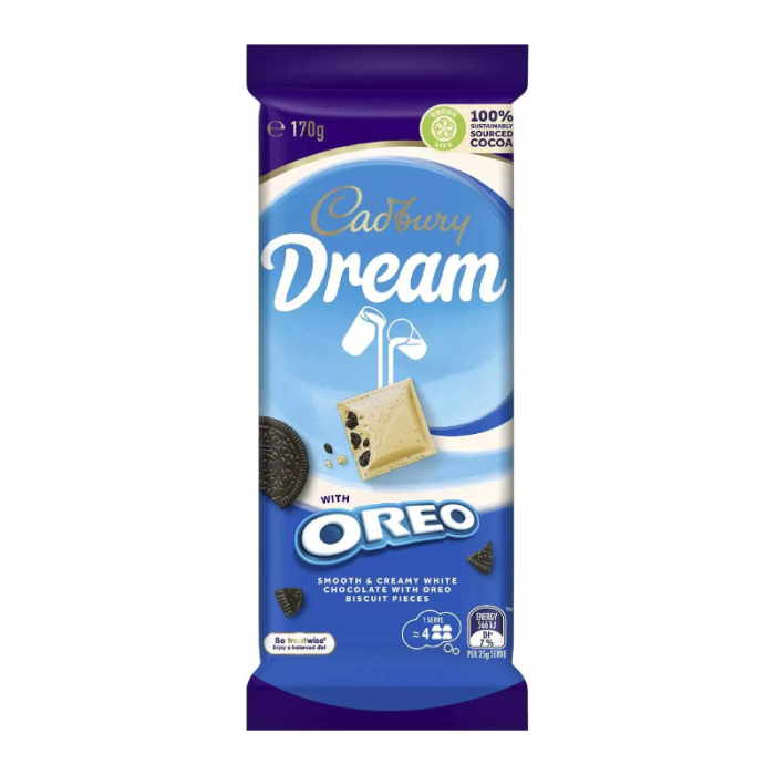 Front of Cadbury Dream With Oreo chocolate bar showing smooth white chocolate, Oreo pieces, and 170g pack label
