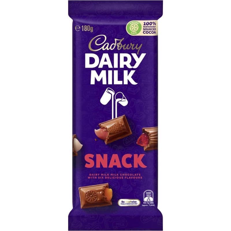 Front of Cadbury Dairy Milk Snack (180g) showing rich milk chocolate pieces and the product title on a purple background.