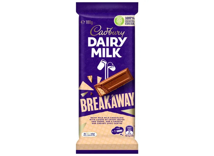 Front of Cadbury Dairy Milk Breakaway (180g) bar showing purple design, logo, and an image of the chocolate with crispy wafers and creamy centre.