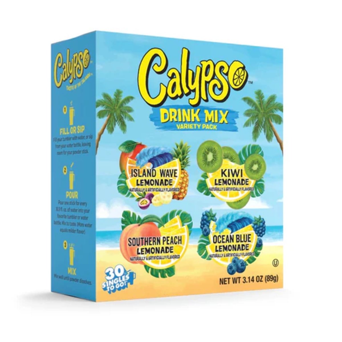 Front of Calypso Singles To Go Variety Pack box showcasing the logo, four lemonade flavours: Island Wave, Kiwi, Southern Peach, and Ocean Blue, and pack size (89g)
