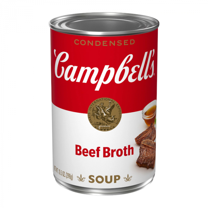 Front of Campbell's Beef Broth Soup can showing red logo, beef broth label, and the 298g pack size