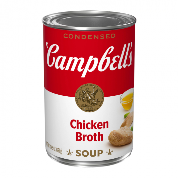 Front of Campbell's Chicken Broth Soup can showing the red logo, 'Chicken Broth' label, and pack size (298g)