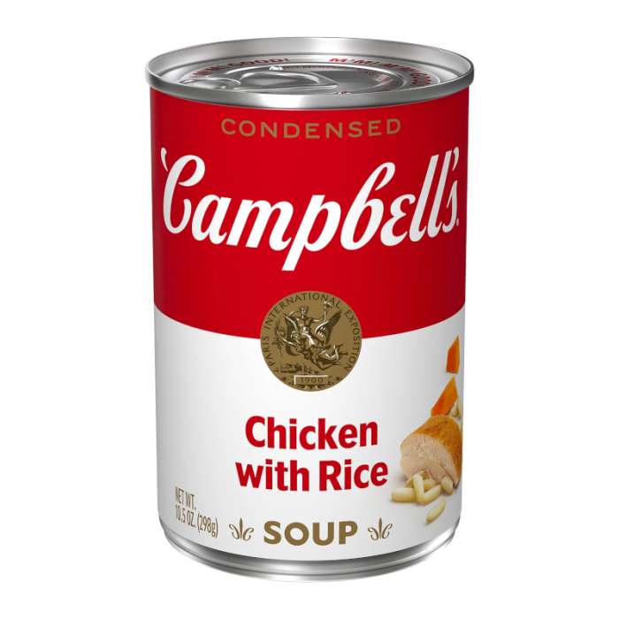 Front of a can of Campbell's Chicken Soup With Rice showing red label, chicken and rice graphics, and 298g pack size
