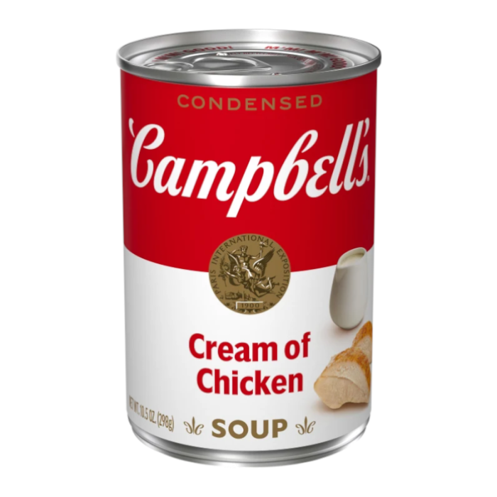 Front of Campbell's Cream Of Chicken Soup can showing bold red logo, cream of chicken label, and pack size (298g)
