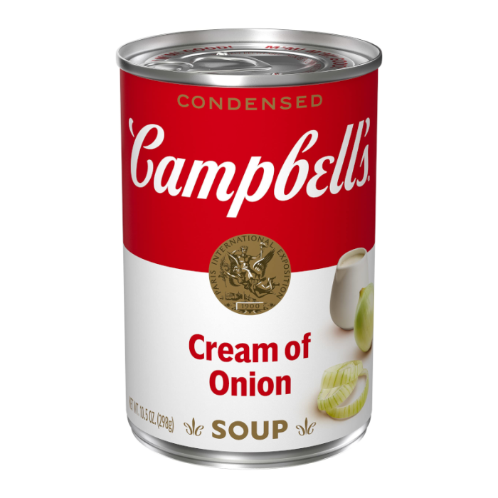 Front of Campbell's Cream Of Onion Soup can showing red logo with 'Cream of Onion' text and 298g pack size.