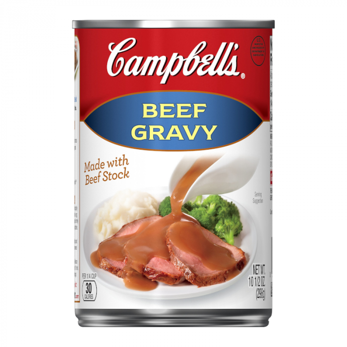 Front of Campbell's Beef Gravy can showing logo, beef gravy label, and a picture of gravy served over sliced meat and vegetables (298g pack)