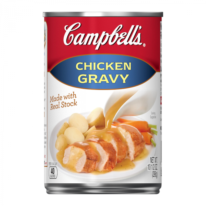 Front of Campbell's Chicken Gravy can displaying a blue label with the product name, image of gravy over chicken and vegetables, and pack size (298g)