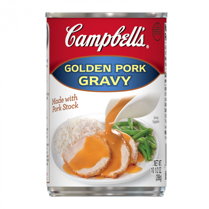 Front of Campbell's Golden Pork Gravy can showing logo, golden gravy label, and serving suggestion with pork, rice, and green beans (298g)