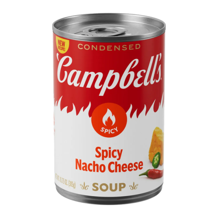 Front of Campbell's Spicy Nacho Cheese Soup can showing red logo, spicy flavour label, and image of cheese and jalapeños (305g pack)