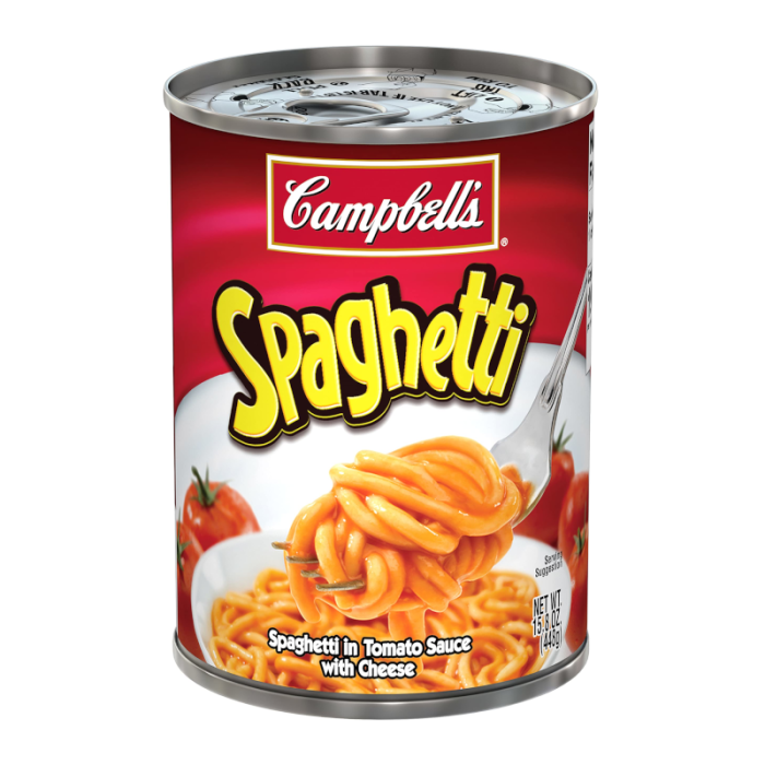 Front of Campbell's Spaghetti in Tomato & Cheese Sauce can showing bright red packaging, spaghetti image, and clear product name (448g)