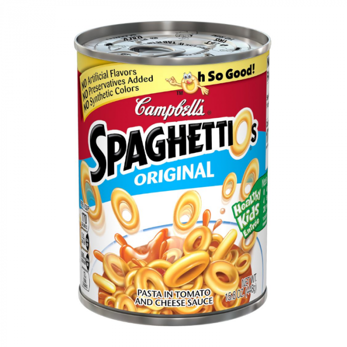Front of Campbells SpaghettiOs Original can showing logo, pasta in tomato and cheese sauce, and the 448g pack size label.
