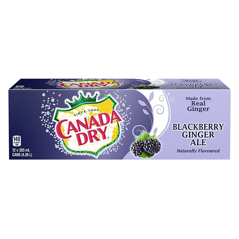 Front of Canada Dry Blackberry Ginger Ale case showing logo, blackberry flavour label, and pack size of 12 x 355ml cans.