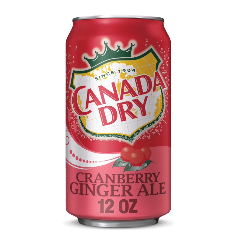 Front of Canada Dry Cranberry Ginger Ale can showing brand logo, cranberry ginger ale label, and pack size of 355ml