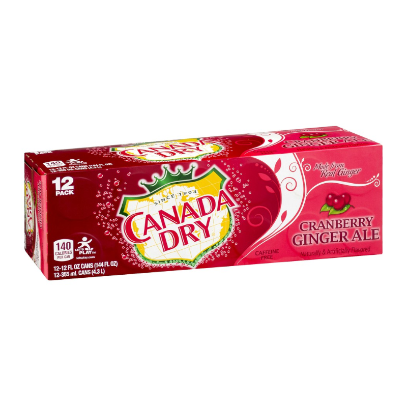 Front of Canada Dry Cranberry Ginger Ale case showing red packaging with logo and cranberry ginger ale label details, 12 pack of 355ml cans