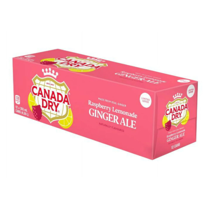 Front of Canada Dry Raspberry Lemonade Ginger Ale case showing pink packaging with logo, raspberry and lemonade flavour details, and 12 x 355ml cans