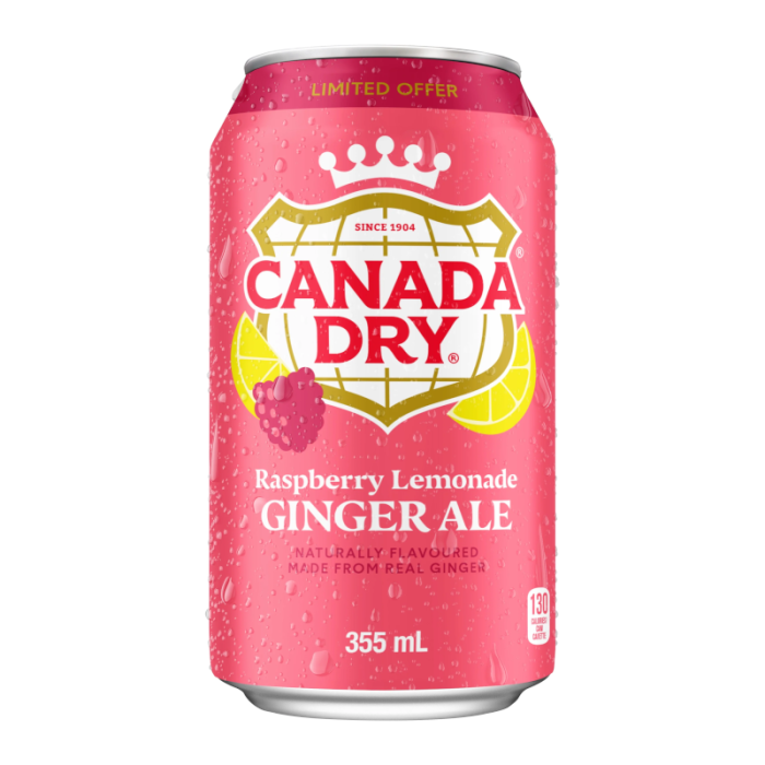 Front of Canada Dry Raspberry Lemonade Ginger Ale can showing pink design, logo, and details of raspberry lemonade flavour (355ml)
