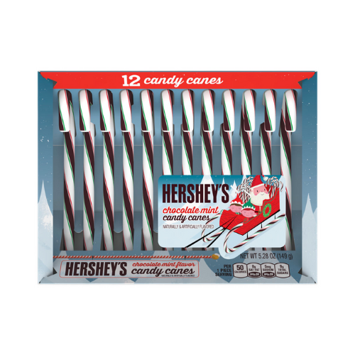 Front of Hershey’s Chocolate Mint Candy Canes box showing brand logo, candy canes, and festive design (149g pack)