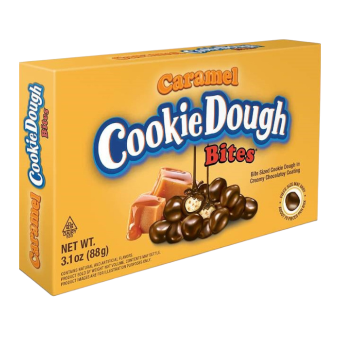 Front of Cookie Dough Bites Caramel box showing bright logo, caramel flavour label, and image of bite-sized cookie dough pieces (88g pack)