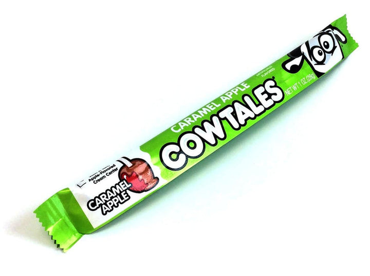 Front of Goetze's Caramel Apple Cow Tales showing the flavour label, logo, and the green packaging of the 28g chewy treat