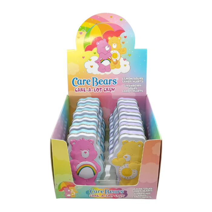 Front of Care Bears Care-A-Lot Crew Candy Tin showing cheerful design with lemon and strawberry sour candy hearts, 42.5g pack size.