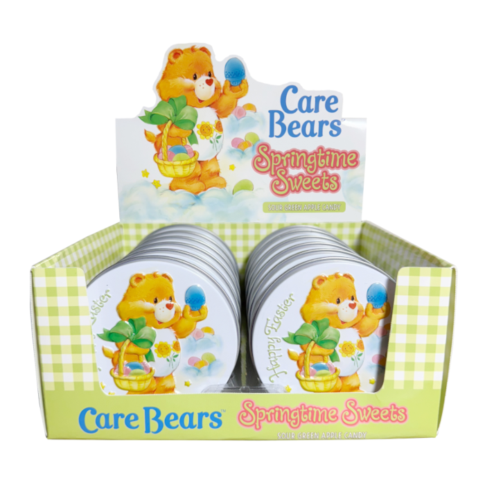 Front of Care Bears Springtime Sweets Tin showing colourful label with Care Bear character, sour green apple candy theme, and 39g pack size.