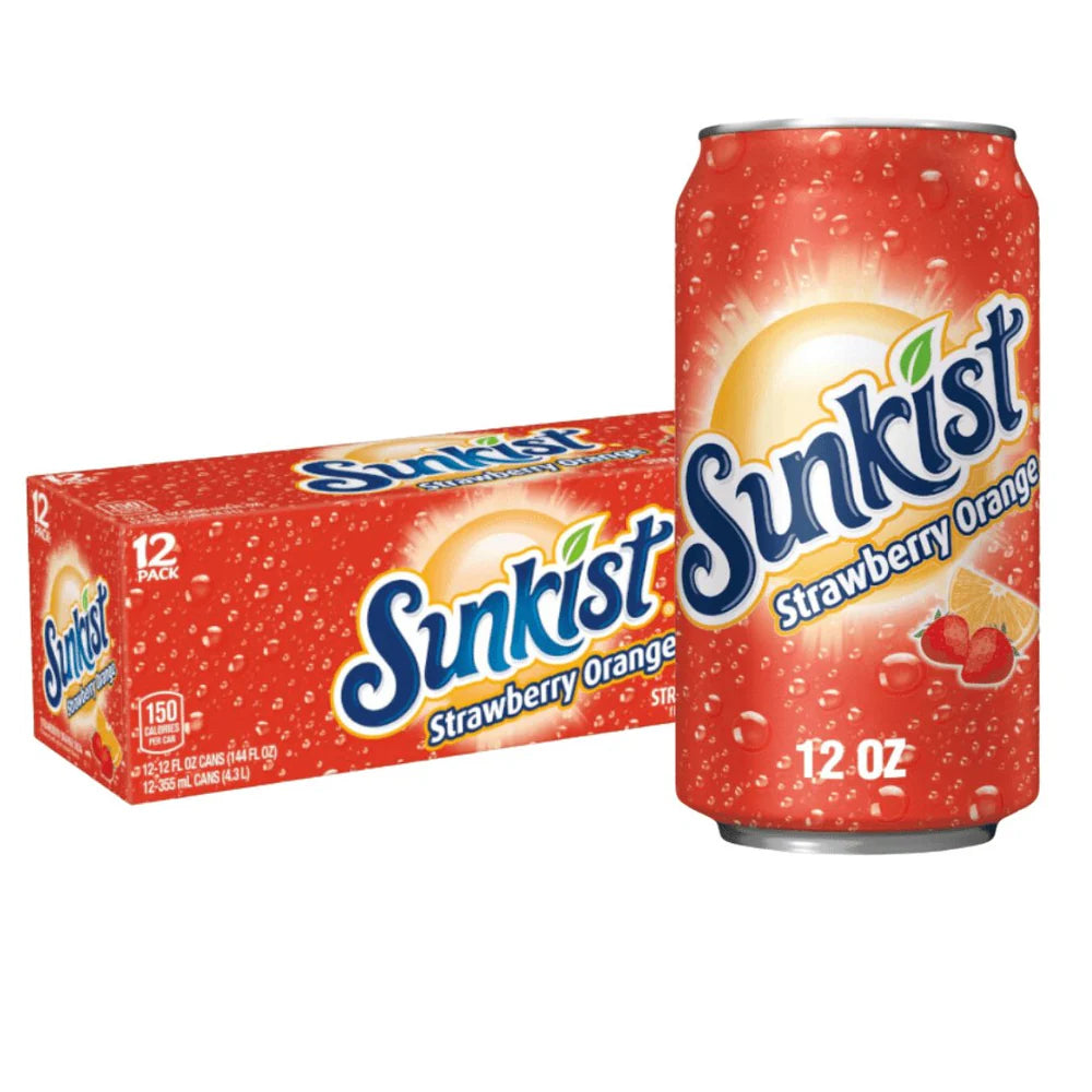 Front of Sunkist Strawberry Orange case showing logo, fruity strawberry and orange design, and pack size of 12 cans (355ml each)