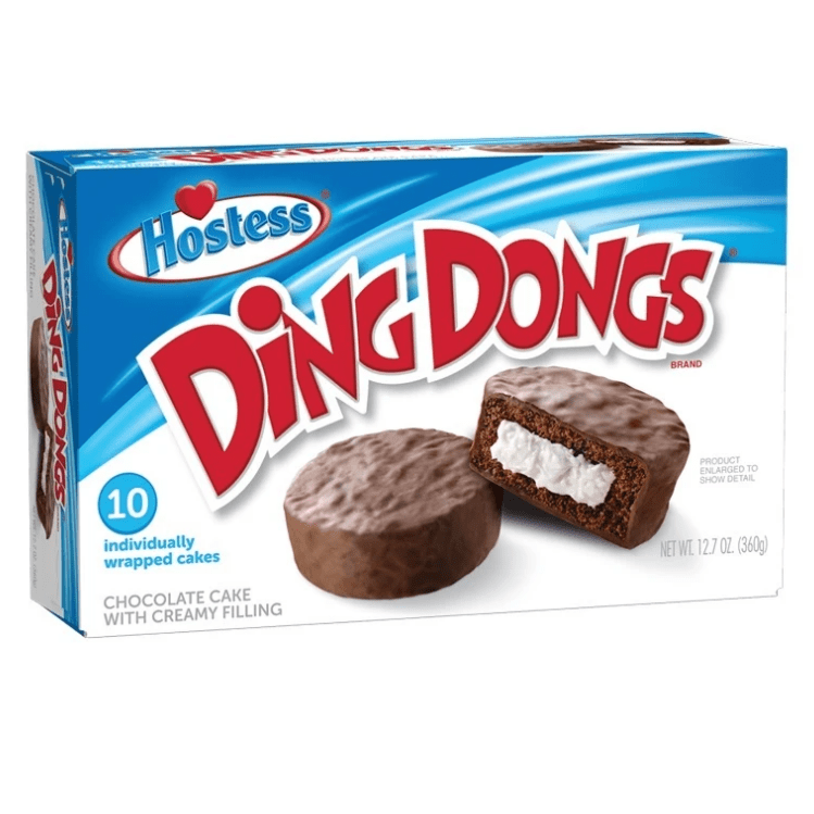 Front of Hostess DingDong box showing logo, chocolate cake with creamy filling, and packaging details (360g pack)