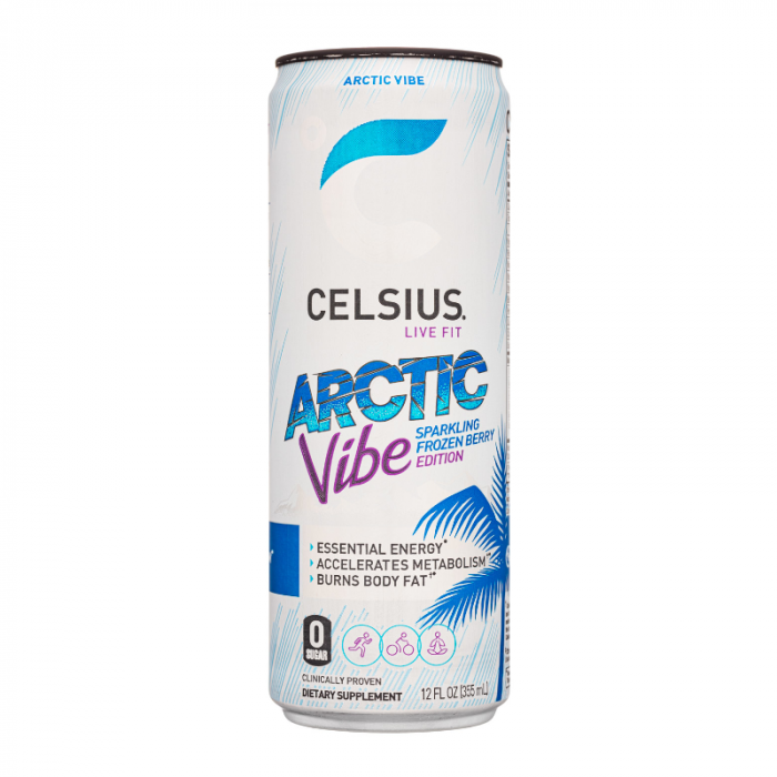 Front of Celsius Arctic Vibe Energy Drink can showing sparkling frozen berry flavour label and essential energy details (355ml pack)