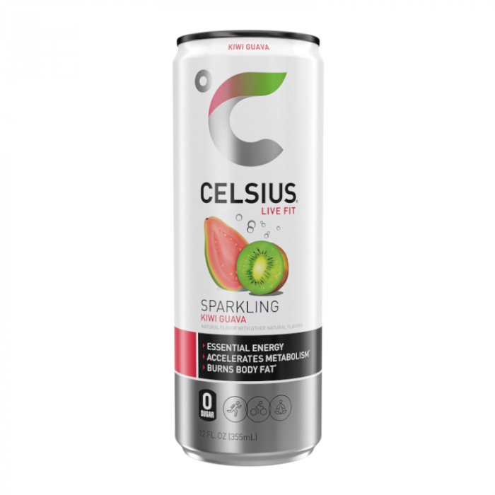Front of Celsius Sparkling Kiwi Guava Energy Drink can showcasing the logo, kiwi guava flavour, and 355ml size