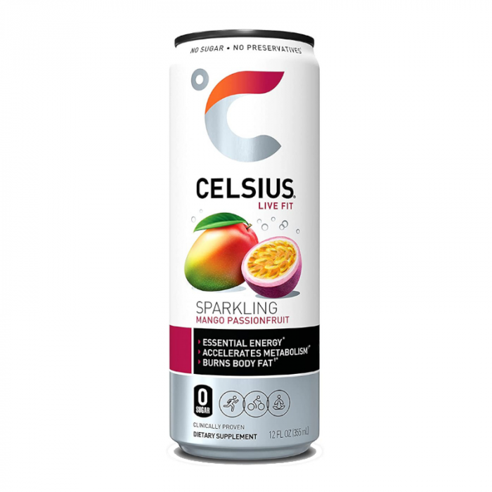 Front of Celsius Sparkling Mango Passionfruit Energy Drink can showing vibrant mango and passionfruit illustrations with logo and 355ml pack size.