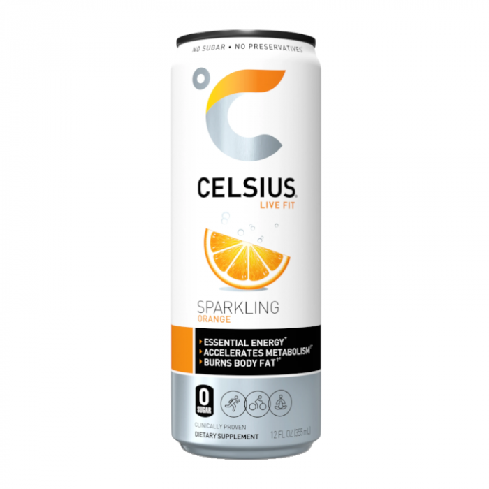 Front of Celsius Sparkling Orange Energy Drink can showing logo, sparkling orange flavour, and energising claims (355ml)