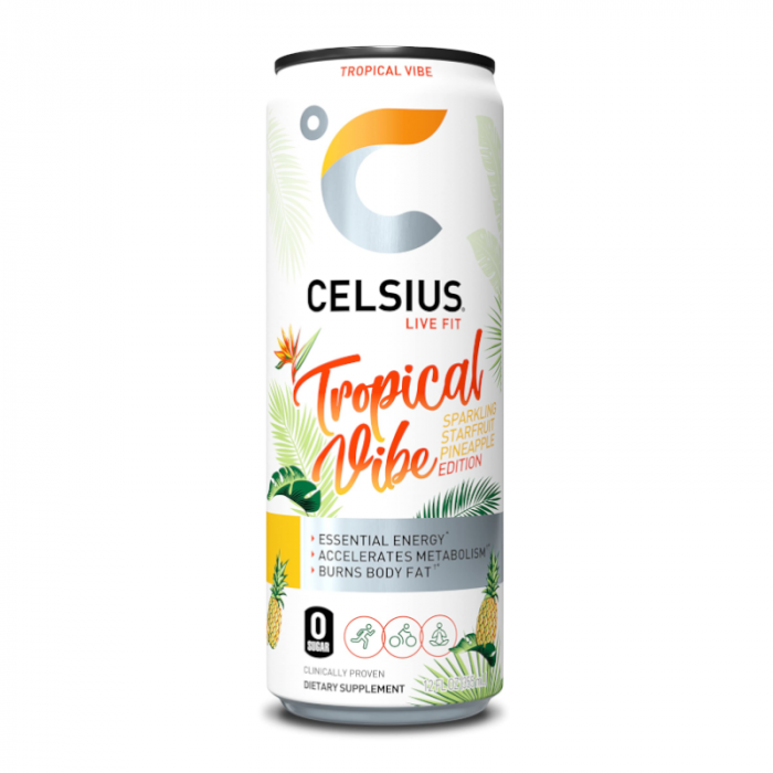 Front of Celsius Tropical Vibe Energy Drink can featuring vibrant graphics, starfruit and pineapple illustrations, and 355ml pack size.