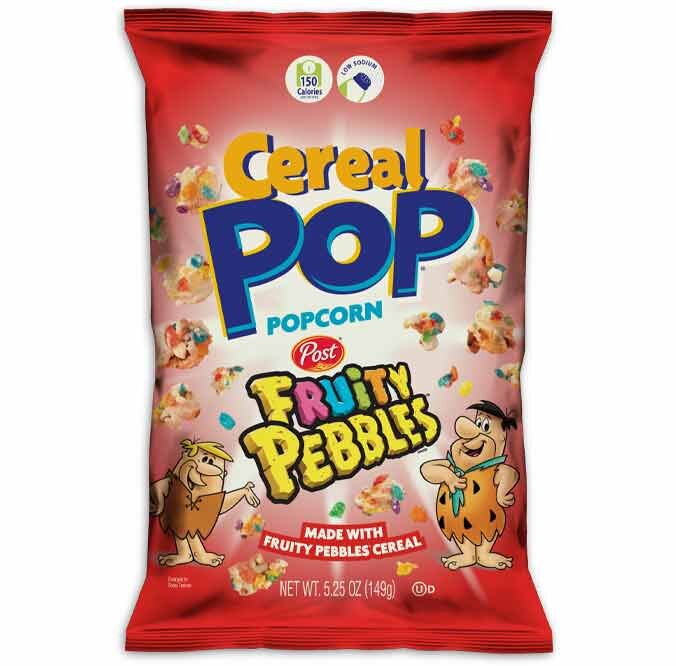 Front of Cereal Pop Fruity Pebbles Popcorn BIG BAG showing colourful popcorn, brand logo, and Fruity Pebbles label (149g pack)