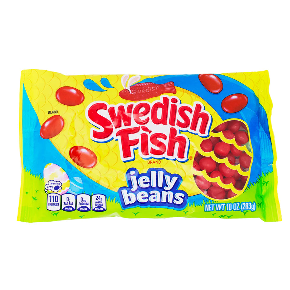 Front of Swedish Fish Jelly Beans pack showing vibrant yellow packaging, brand logo, and jelly beans (269g pack)