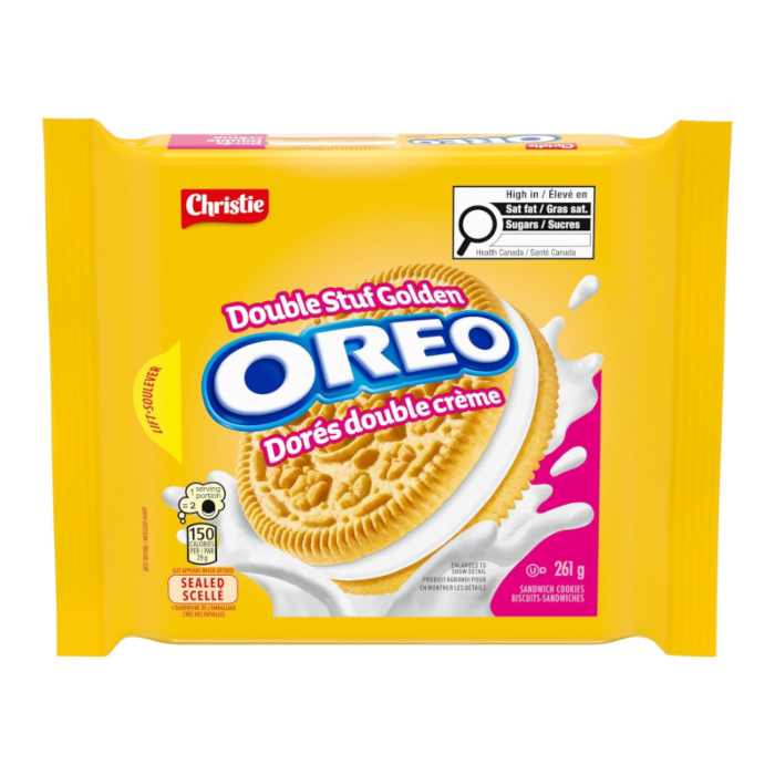 Front of Oreo Golden Double Stuff Sandwich Cookies pack featuring the blue logo, golden cookie design, and creamy filling (261g pack)