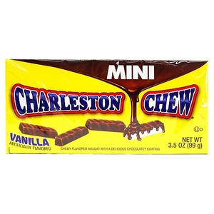 Front of Charleston Chew Vanilla Theatre Box showing yellow packaging with vanilla and chocolate details, featuring the product name and 99g weight.
