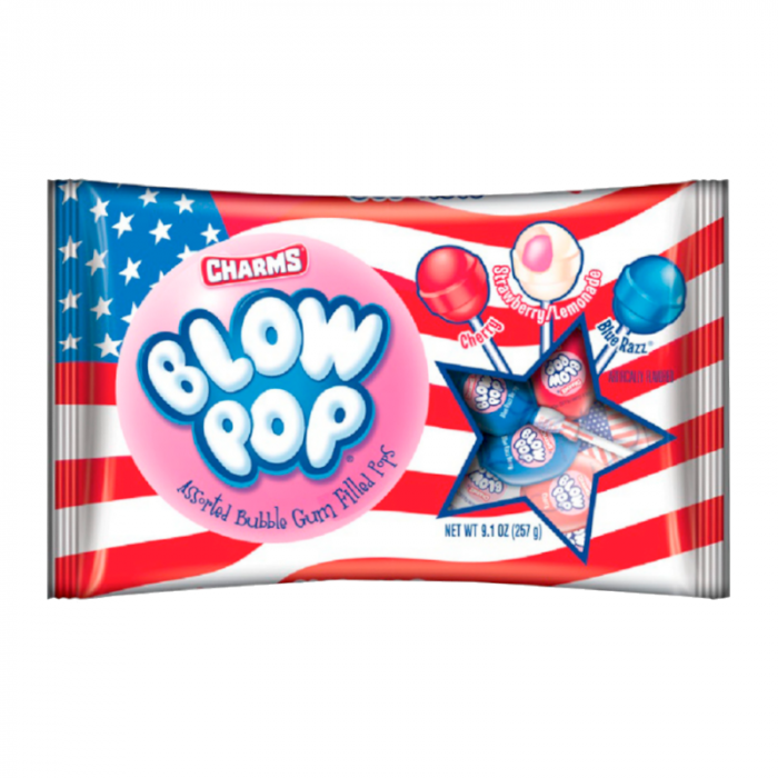 Front of Charms Blow Pop Patriotic Stars & Stripes bag showing logo, assorted lollipops, and patriotic design with red, white, and blue stripes (257g pack)