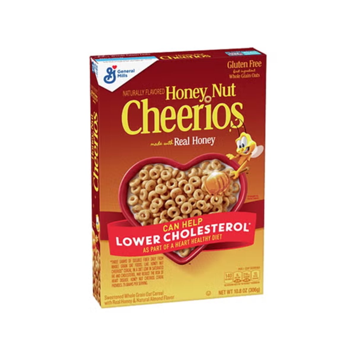 Front of Cheerios Honey Nut Cereal box featuring the logo and image of cereal with honey (306g pack)