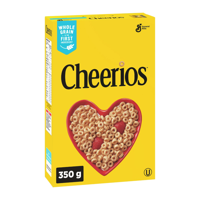 Front of General Mills Cheerios Original box featuring a bright yellow design, logo, and heart-shaped bowl of cereal, 350g pack