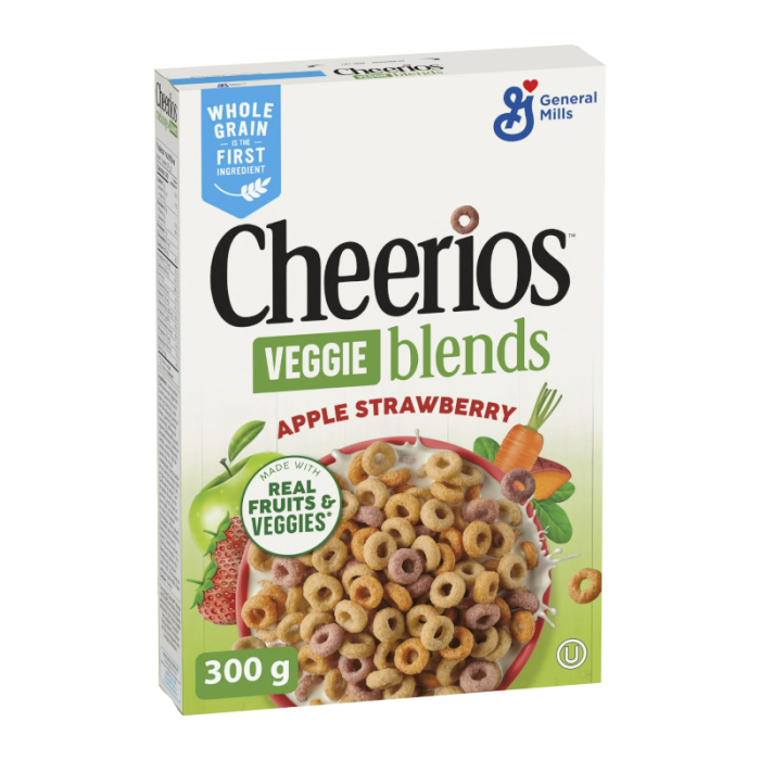 Front of Cheerios Apple Strawberry box showing the brand logo, apple and strawberry flavour label, and pack size of 300g.