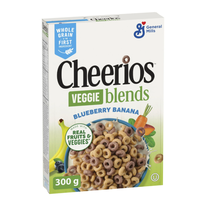 Front of Cheerios Blueberry Banana box showing the logo, blueberry and banana flavour label, and a bowl of cereal (300g pack)