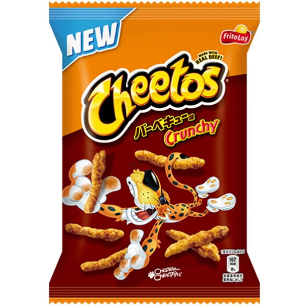 Front of Cheetos BBQ (Japan) 75g bag showing bold orange logo, barbecue flavour label, and crunchy snack pieces