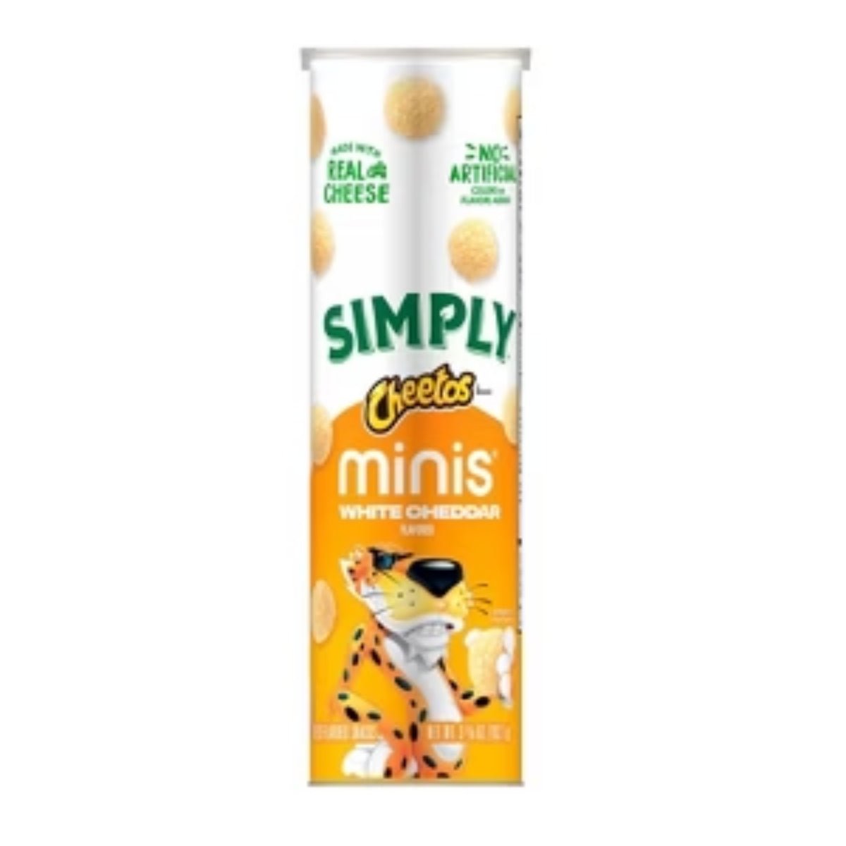 Front of Cheetos Canister Simply White Cheddar showing bright packaging with the flavour label, cartoon character, and 102.7g pack size