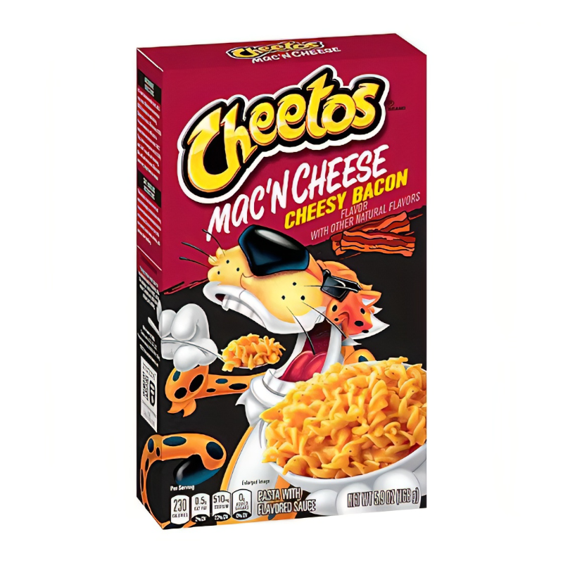 Front of Cheetos Cheesy Bacon Mac 'n Cheese box featuring the logo, an illustration of cheesy pasta, and bacon accents (170g pack)