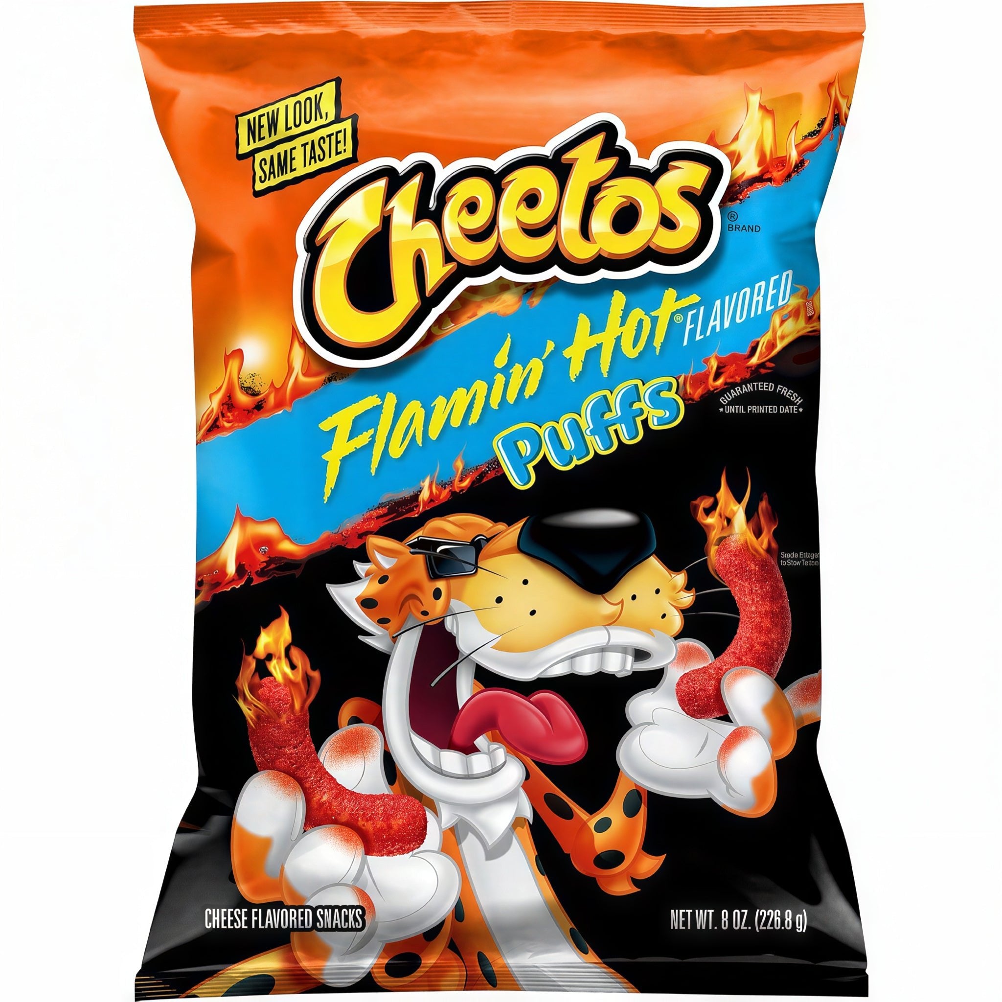 Front of a bag of Cheetos Flamin' Hot Cheese Puffs showing bold logo, fiery puffs, and animated cheetah character (226g pack)