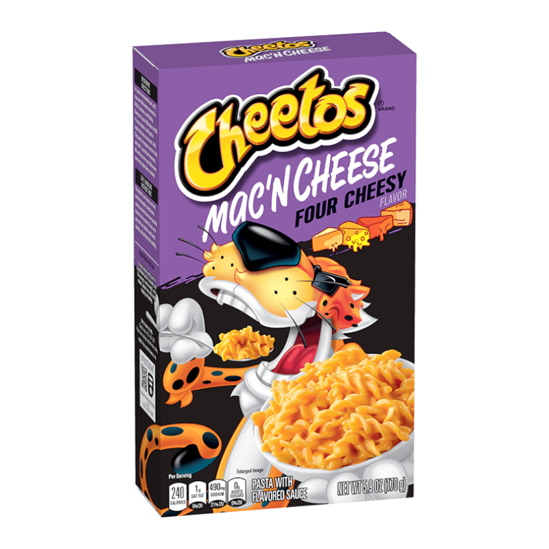 Front of Cheetos Four Cheesy Mac 'n Cheese box featuring the vibrant logo, cheesy pasta image, and purple packaging (170g pack)
